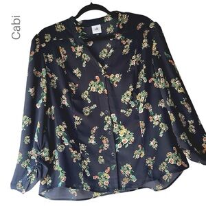 CABI | NWOT OVATION BLACK FLORAL TOP BLOUSE RUCHED LONG SLEEVE | LARGE